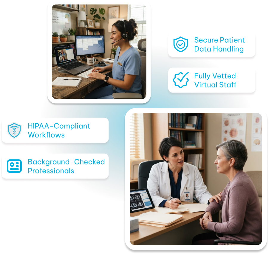 Collage showing a woman in medical scrubs with a headset working on two computer screens at a desk, and a doctor consulting a female patient in an office with medical books and charts visible; surrounding text highlights benefits: Secure Patient Data Handling, Fully Vetted Virtual Staff, HIPAA-Compliant Workflows, and Background-Checked Professionals.