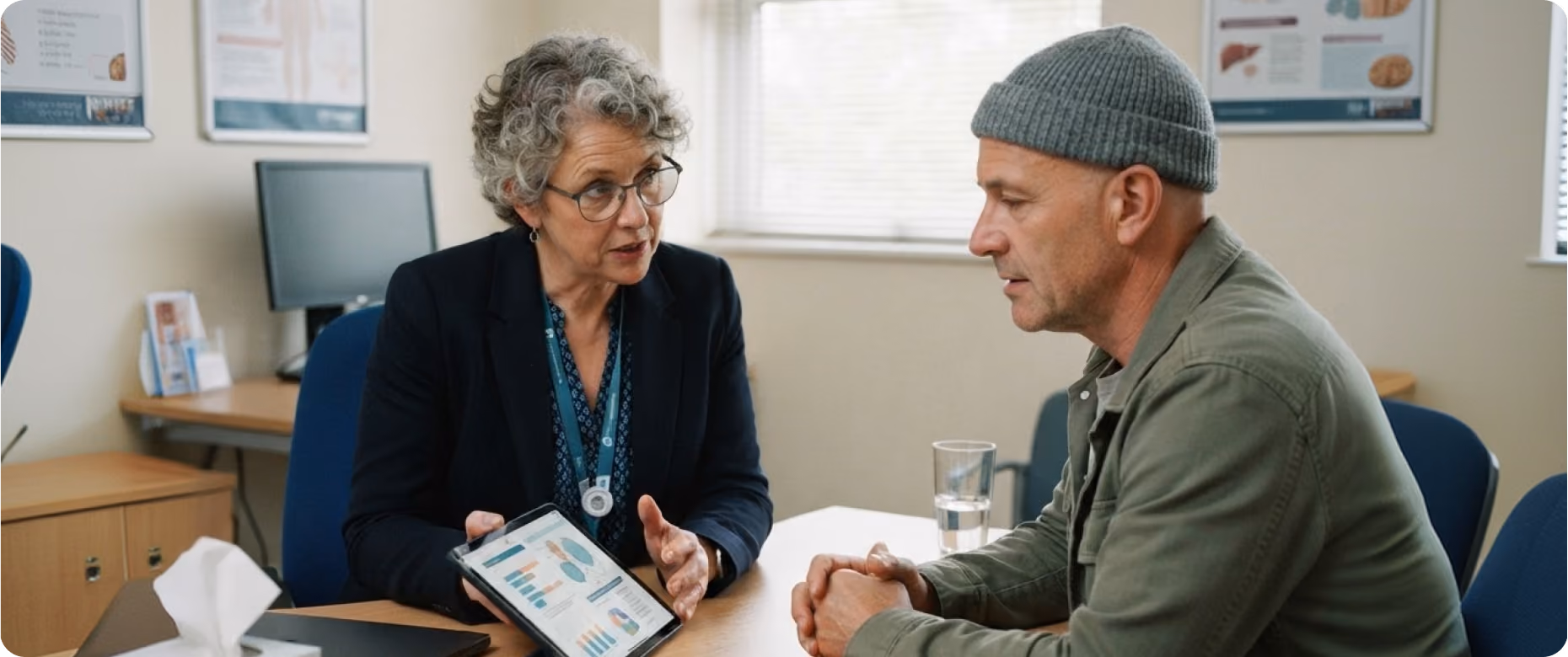 A female doctor with curly gray hair and glasses is explaining medical information displayed on a tablet to a male patient wearing a gray knit cap and green jacket in a consultation room.