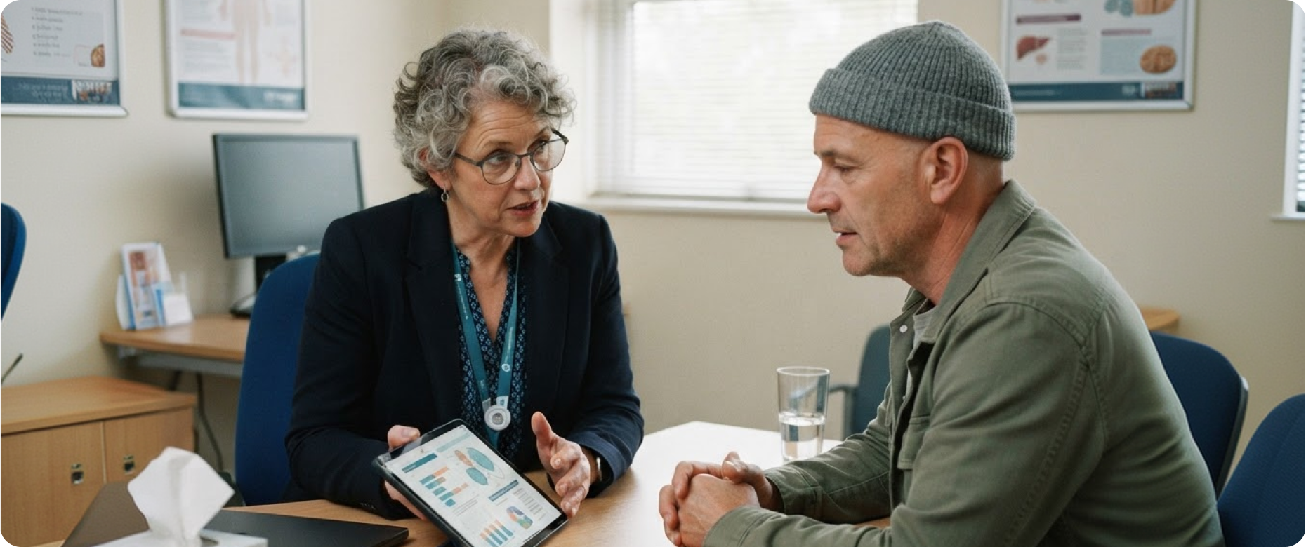 A female doctor with curly gray hair and glasses is explaining medical information displayed on a tablet to a male patient wearing a gray knit cap and green jacket in a consultation room.