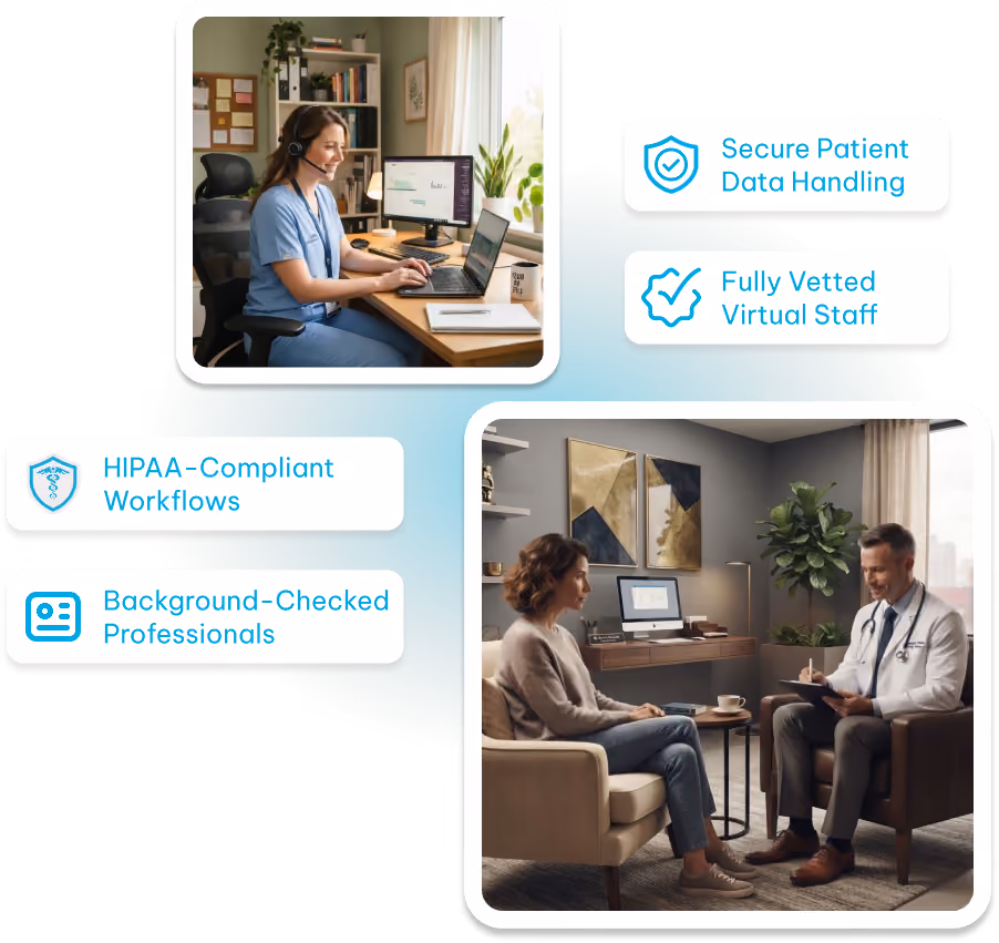 Top left: A smiling healthcare worker in scrubs and headset sitting at a desk using a laptop and desktop computer in a home office. Bottom right: A female patient seated on a couch talking with a male doctor in a white coat seated opposite in an office. Around the images are text boxes highlighting features: Secure Patient Data Handling, Fully Vetted Virtual Staff, HIPAA-Compliant Workflows, and Background-Checked Professionals.