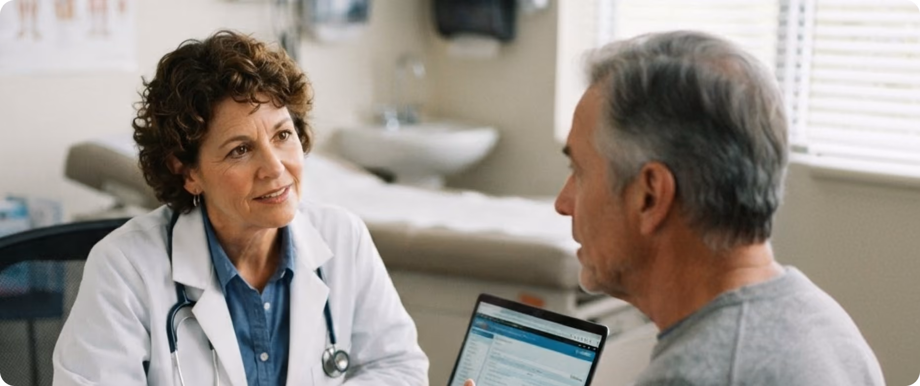A female doctor with curly hair and a stethoscope around her neck attentively listens to an elderly male patient holding a tablet device in a medical office.