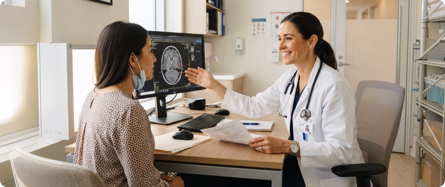 Female doctor in a white coat with a stethoscope reviews and explains a brain scan on a computer monitor to a female patient wearing a face mask under her chin in a medical office.