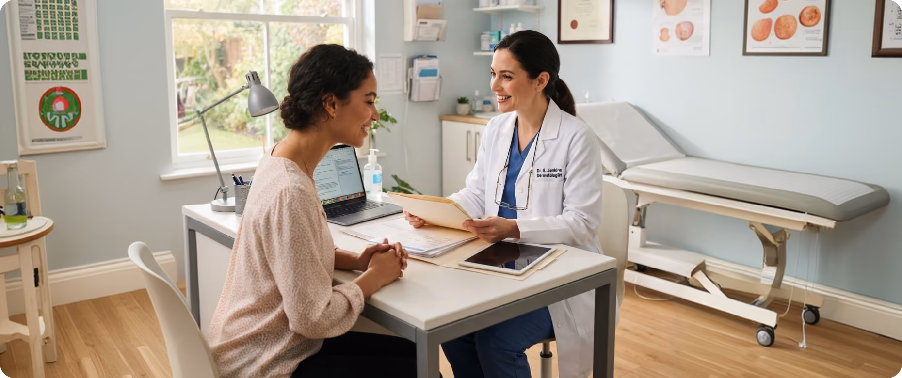 A female dermatologist in a white coat smiling and holding patient files while talking to a female patient seated across the desk in a consultation room with medical posters, an examination bed, and a laptop on the desk.