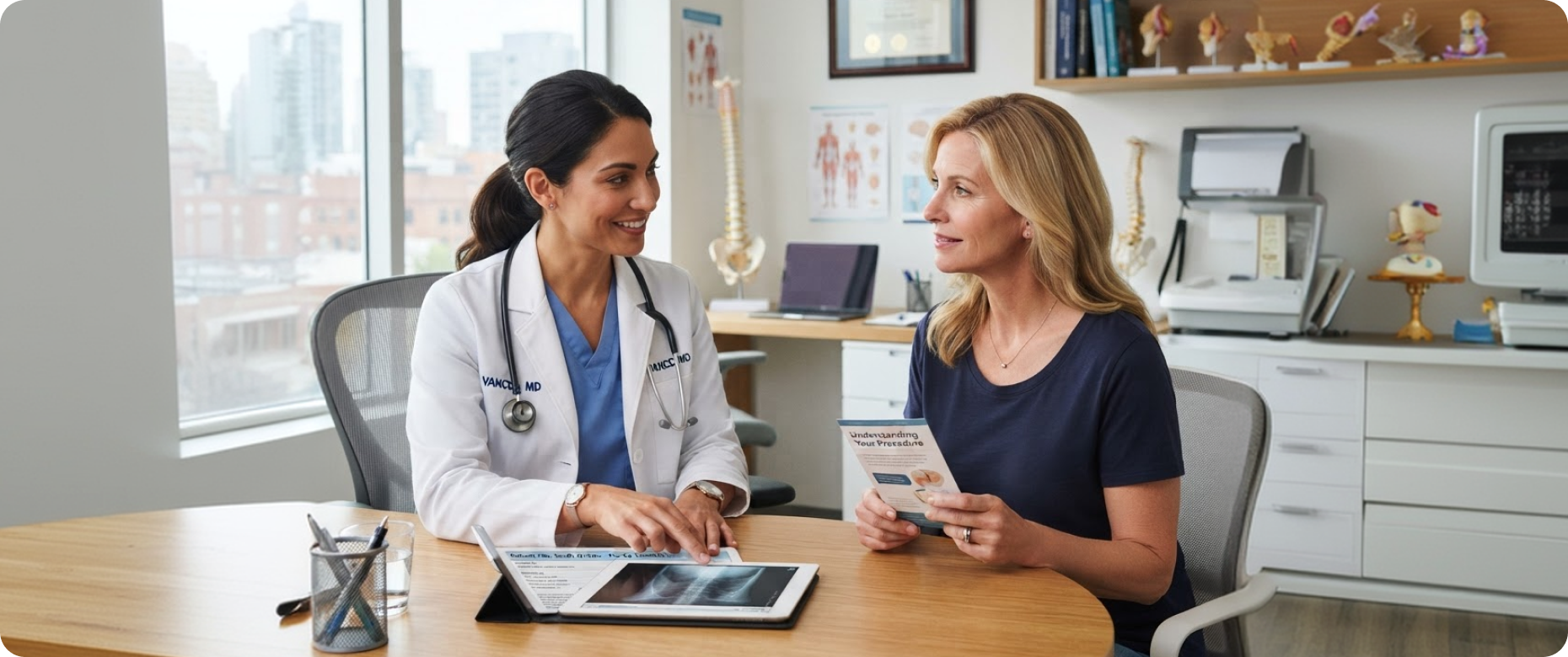 A female doctor in a white coat with a stethoscope shows a tablet displaying a chest X-ray to a seated female patient holding a pamphlet titled 'Understanding Your Prediagnosis' in a medical office with anatomical models and posters.