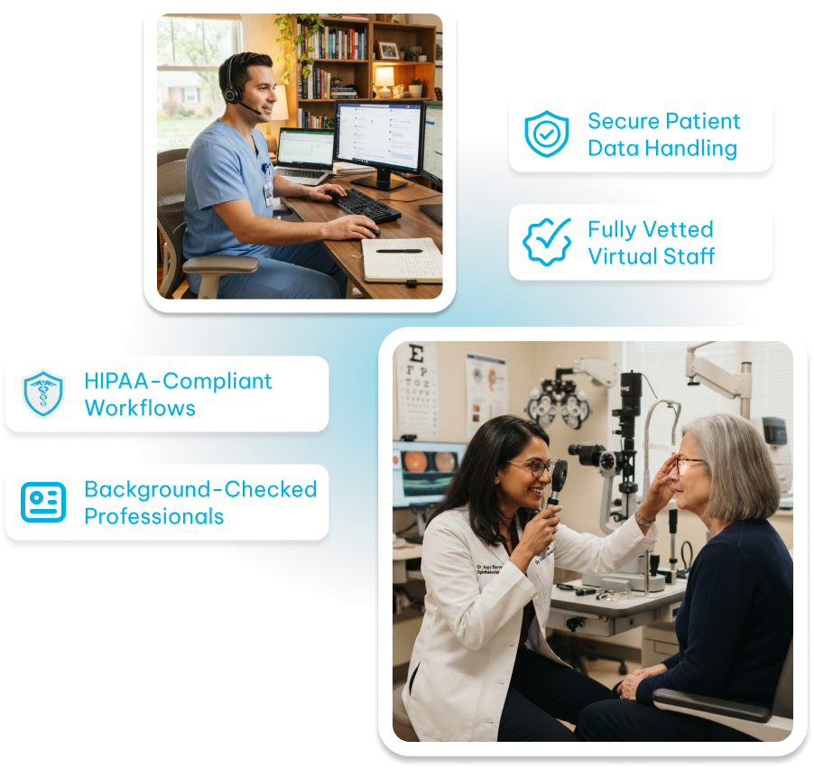Top image of a medical professional in scrubs and headset working at a desk with dual monitors and a laptop in a cozy office; bottom image of an ophthalmologist in a white coat examining an elderly woman's eyes using an ophthalmoscope in a well-equipped eye care room. Text blocks highlight secure patient data handling, fully vetted virtual staff, HIPAA-compliant workflows, and background-checked professionals.
