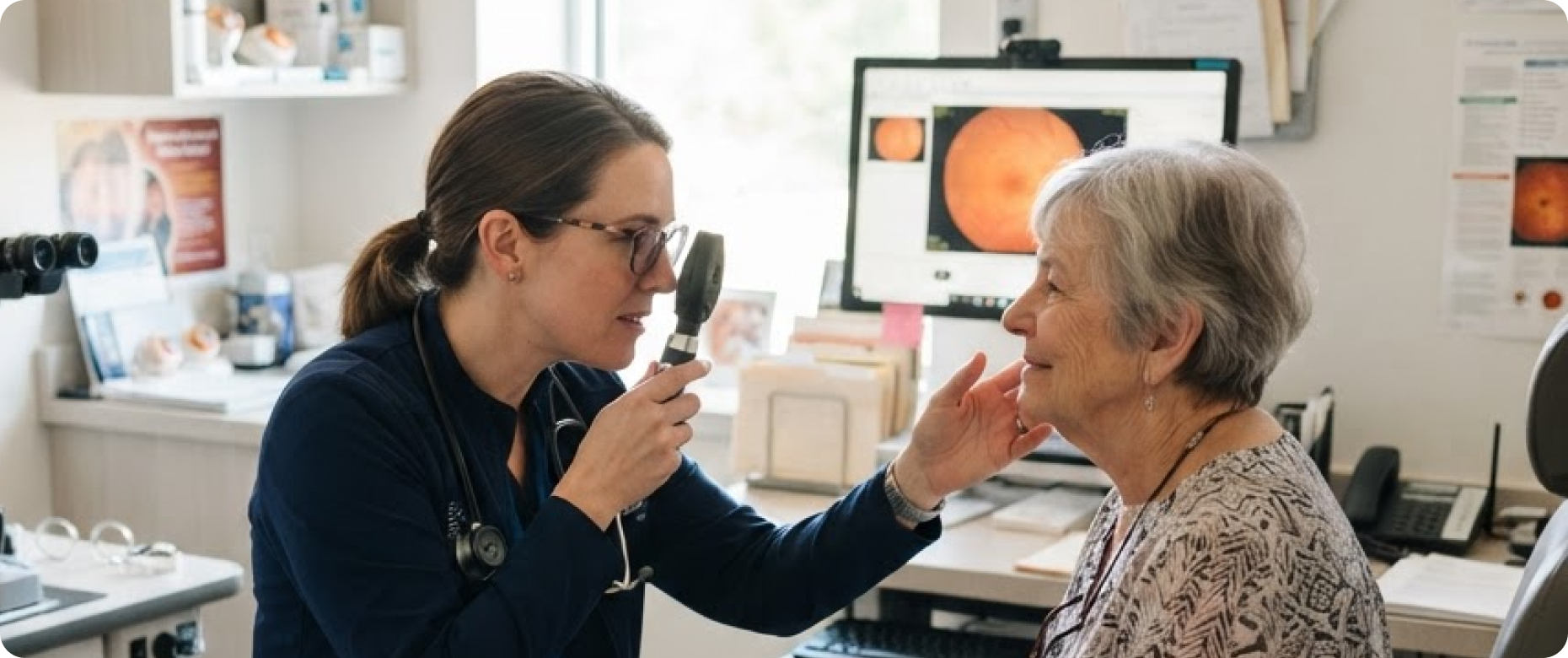An ophthalmologist examines an elderly woman's eye using a handheld ophthalmoscope in a medical office, with a retinal image visible on a computer screen in the background.