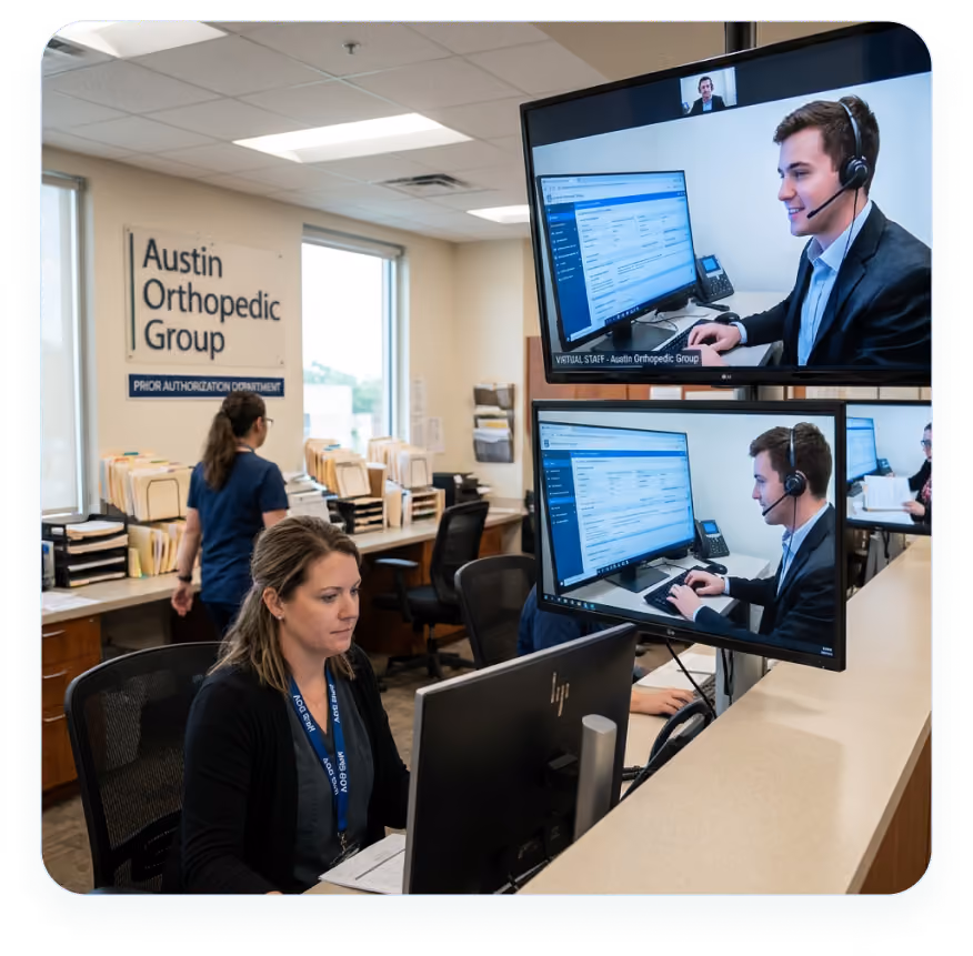 Office scene at Austin Orthopedic Group's Prior Authorization Department, showing a woman working at a computer desk with two monitors displaying a man wearing a headset engaged in a virtual office task.