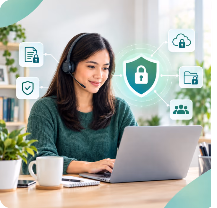 Woman wearing a headset working on a laptop at a desk, surrounded by icons representing data security such as a shield with a lock, a locked document, cloud, folder, and group icons.