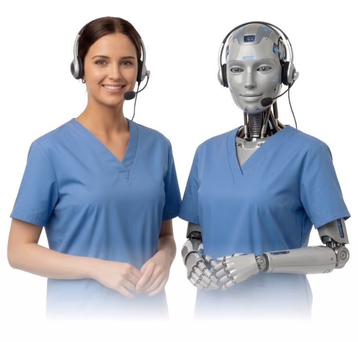 A young woman and a humanoid robot, both wearing blue medical scrubs and headsets, standing side by side and smiling.