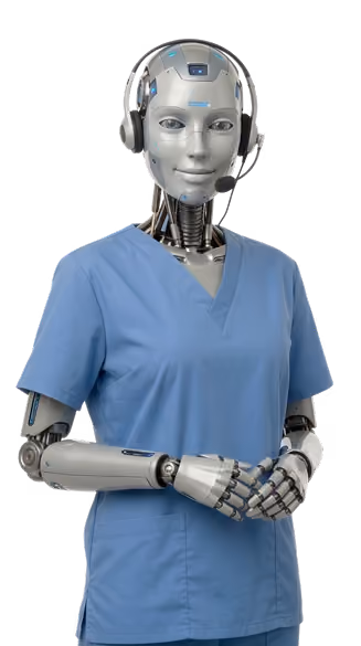 Humanoid robot with a silver metallic face and blue lights, wearing a light blue medical scrub top and a headset with microphone, standing with hands clasped.
