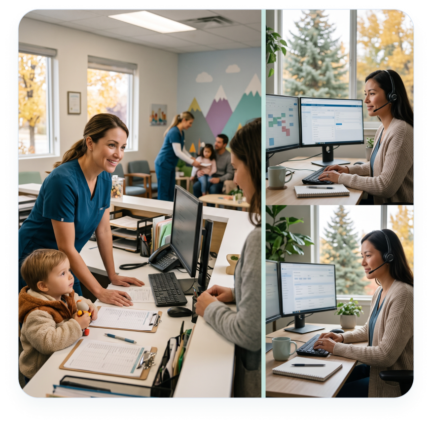 A pediatric clinic with a nurse in blue scrubs smiling and talking to a woman at the reception desk, a young child with a stuffed toy stands beside the nurse. In the background, another nurse attends to a seated family with a child. On the right, a woman wearing a headset works at a desk with two monitors displaying appointment schedules and patient information, with windows showing trees outside behind her.