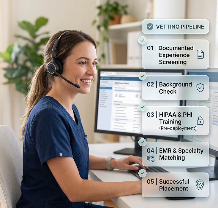 A smiling woman wearing a headset and navy scrubs sitting at a desk with dual monitors showing medical data, alongside a checklist titled 'Vetting Pipeline' listing five steps: Documented Experience Screening, Background Check, HIPAA & PHI Training (Pre-deployment), EMR & Specialty Matching, and Successful Placement, each marked with a checkmark icon.