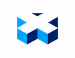 Geometric abstract logo composed of three-dimensional interlocking shapes in blue and white resembling an 'M'.