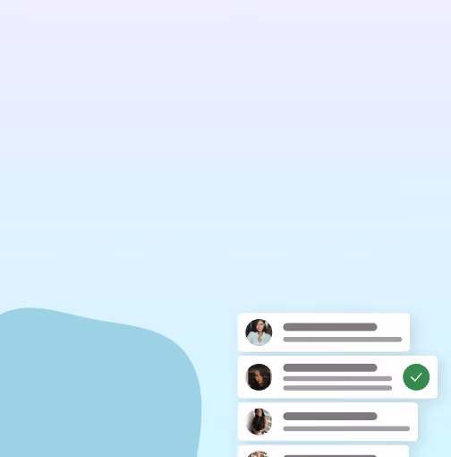 User interface snippet showing a vertical list of profile cards with user photos and horizontal text lines next to each, one card marked with a green check inside a circle.