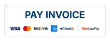 Pay Invoice button with accepted payment methods Visa, Discover, Mastercard, eCheck, American Express, and LawPay.