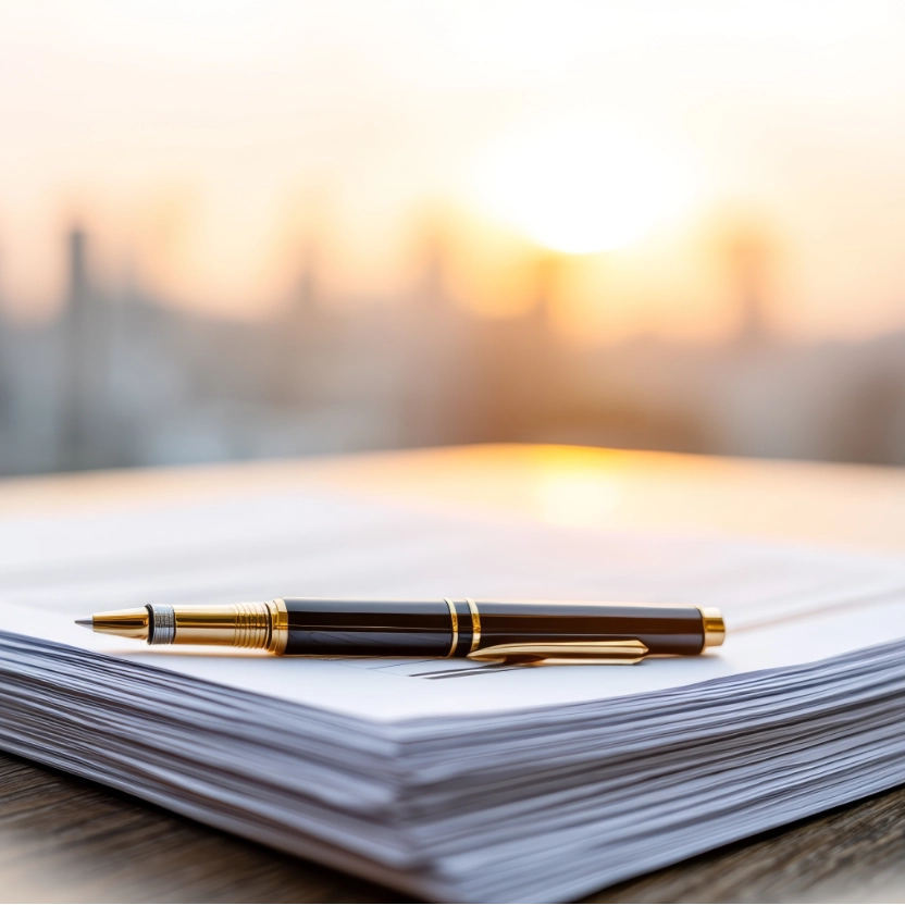 A neatly arranged stack of blank legal documents rests with a glossy fountain pen on a smooth glass desk, showcasing professionalism against a blurred urban backdrop