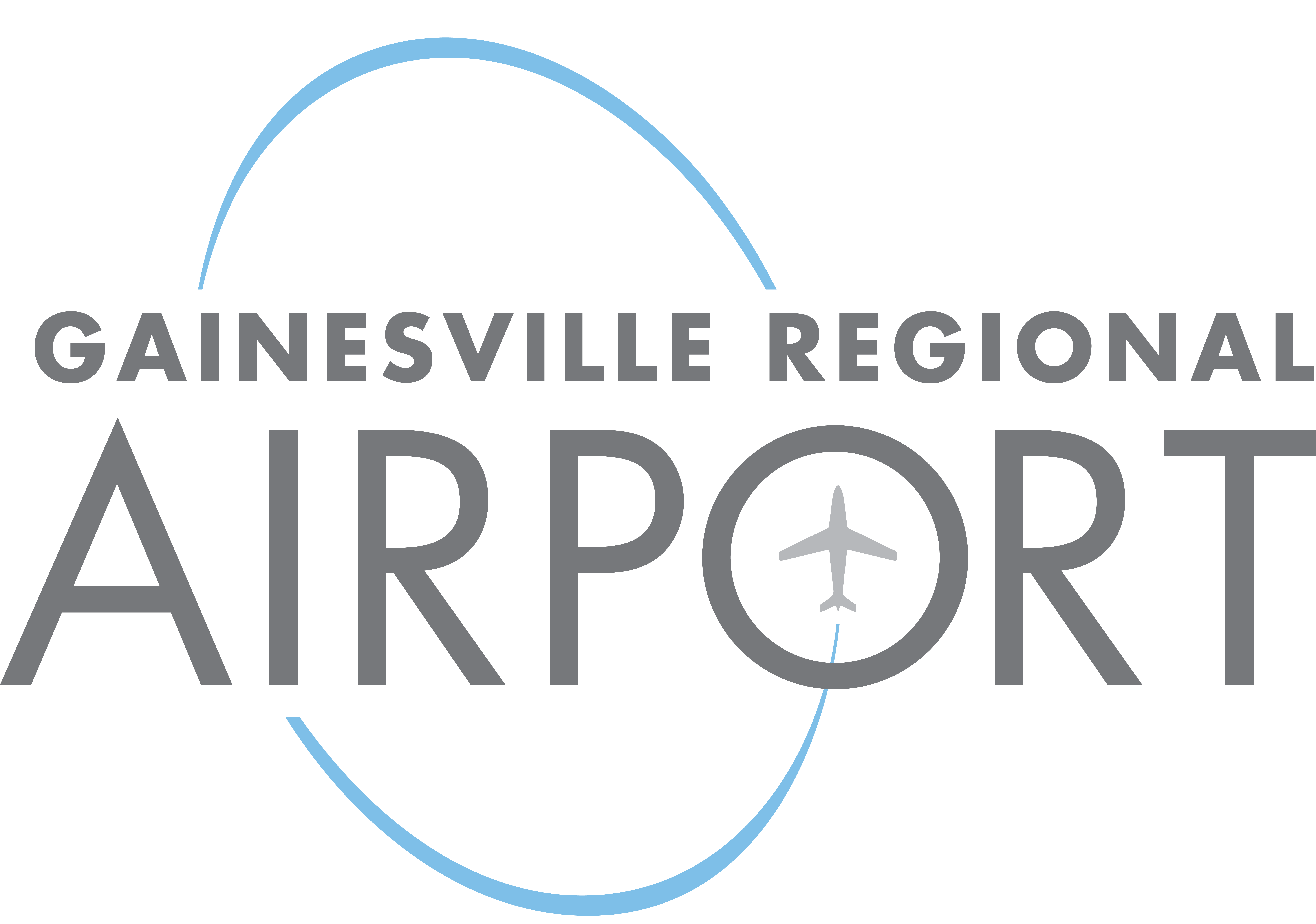 Logo of Gainesville Regional Airport with a stylized airplane inside the letter O and a blue curved line encircling the text.