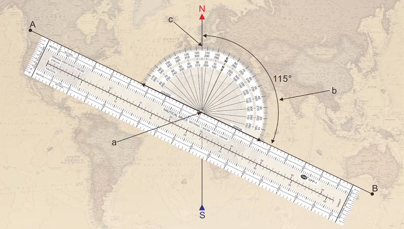 Vintage-style world map background with a nautical protractor and ruler overlay showing an angle of 115 degrees between north and a marked line labeled from point A to B.