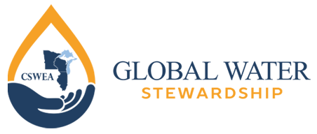 Logo featuring a stylized water droplet held by a hand, with a map and the text 'GLOBAL WATER STEWARDSHIP'.
