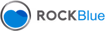 Logo featuring a gray circular frame enclosing two blue overlapping shapes, next to the text 'ROCKBlue'