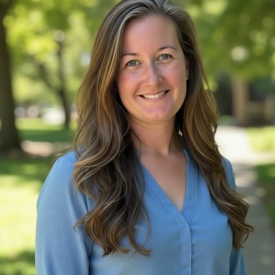 Smiling woman with long brown hair wearing a blue blouse outdoors with blurred green trees in the background.