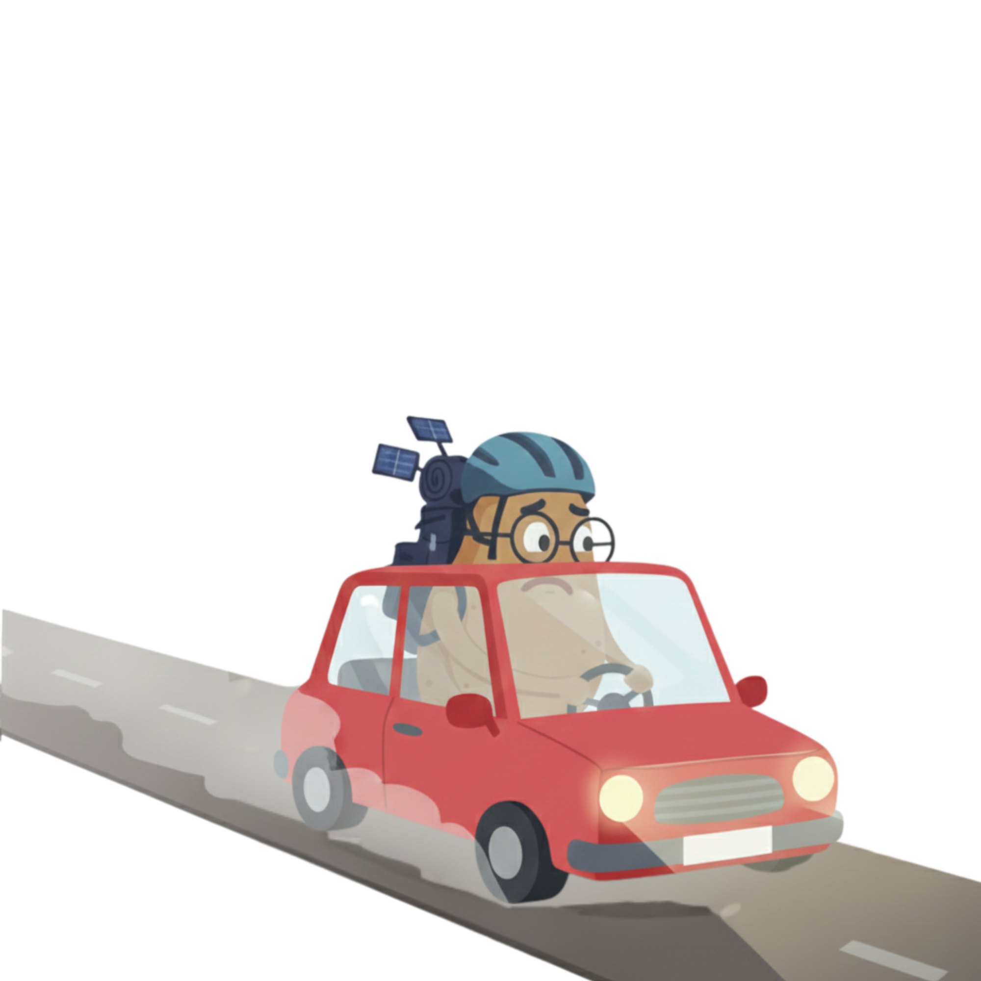 Cartoon potato character wearing a helmet and glasses driving a small red car on a road with headlights on.