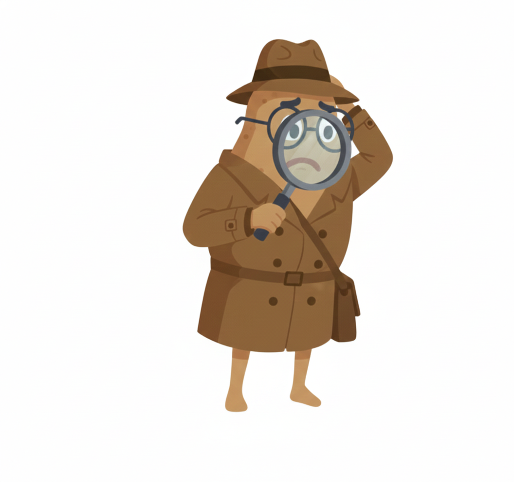 Cartoon detective character holding a magnifying glass up to his face, wearing a brown trench coat and hat, looking worried.