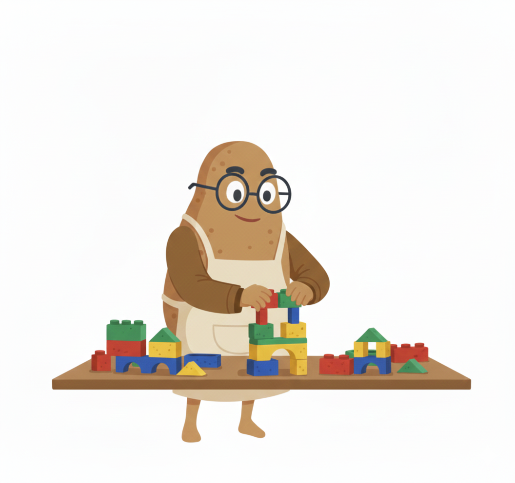 Character resembling a potato wearing glasses and an apron building colorful block structures on a table.