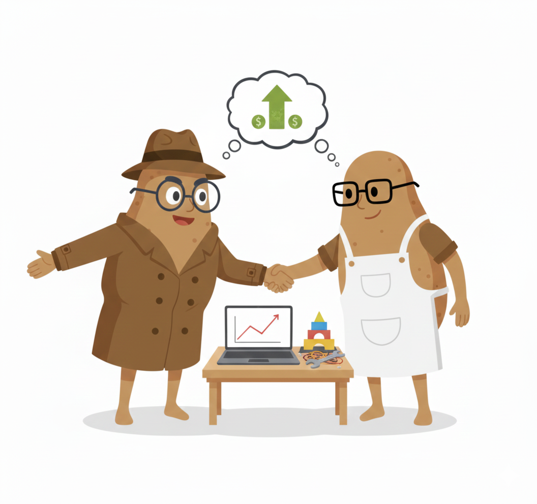 Two anthropomorphic potatoes shaking hands over a table with a laptop showing an upward graph and tools, both thinking about increasing money.