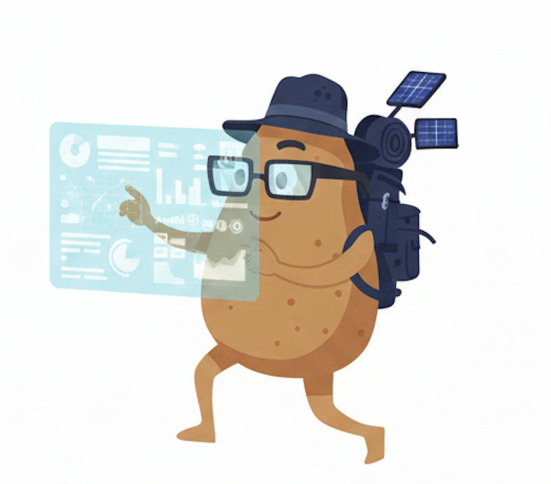 Cartoon potato wearing glasses and a hat, using a futuristic transparent touchscreen with graphs, and carrying a backpack with solar panels.