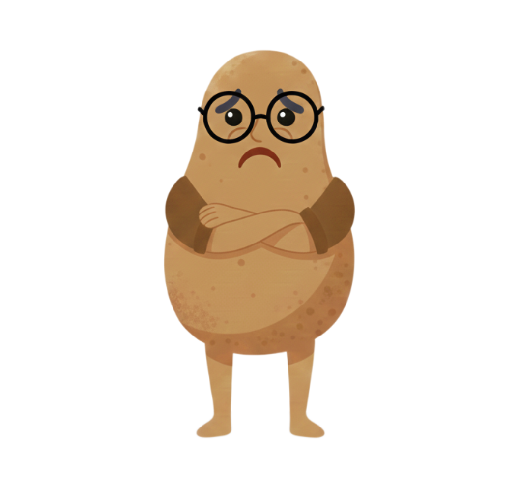 Cartoon potato with glasses, crossed arms, and a sad expression.