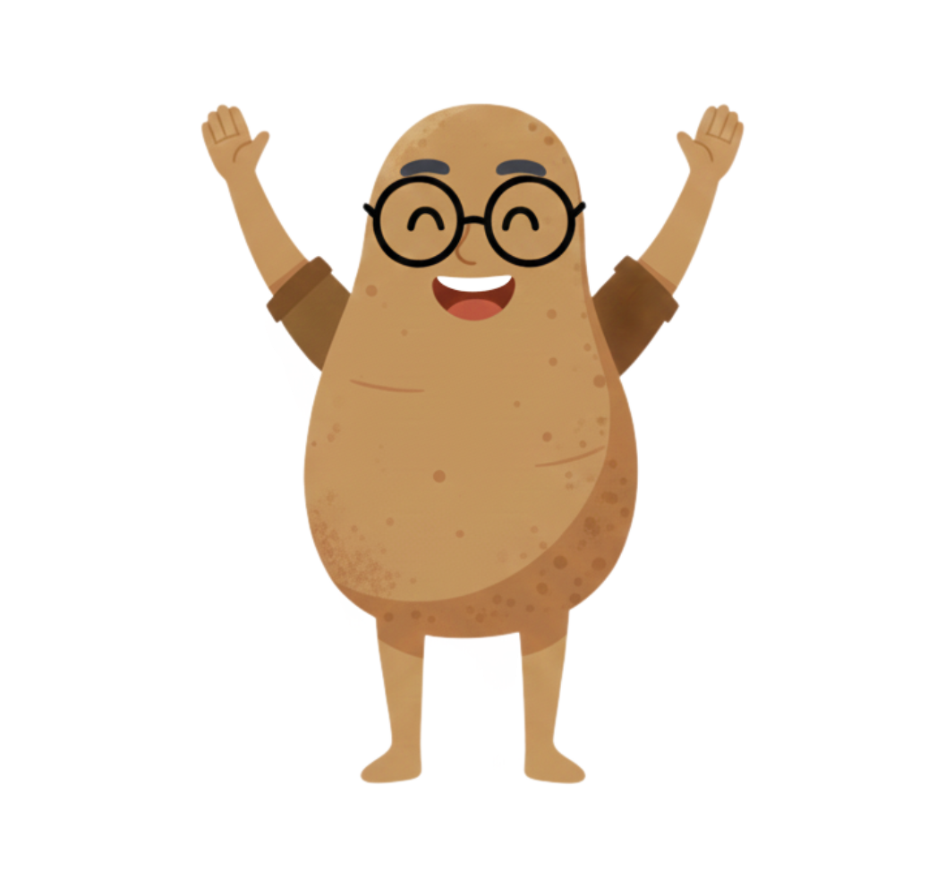 Happy anthropomorphic potato character with glasses and raised arms smiling.