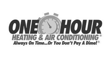 Logo with a clock gear and the text One Hour Heating & Air Conditioning with slogan Always on time...or You Don't Pay a Dime!