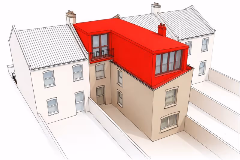 3D architectural rendering of a beige townhouse with an L-shaped red loft added on the roof connecting two sections of the building.