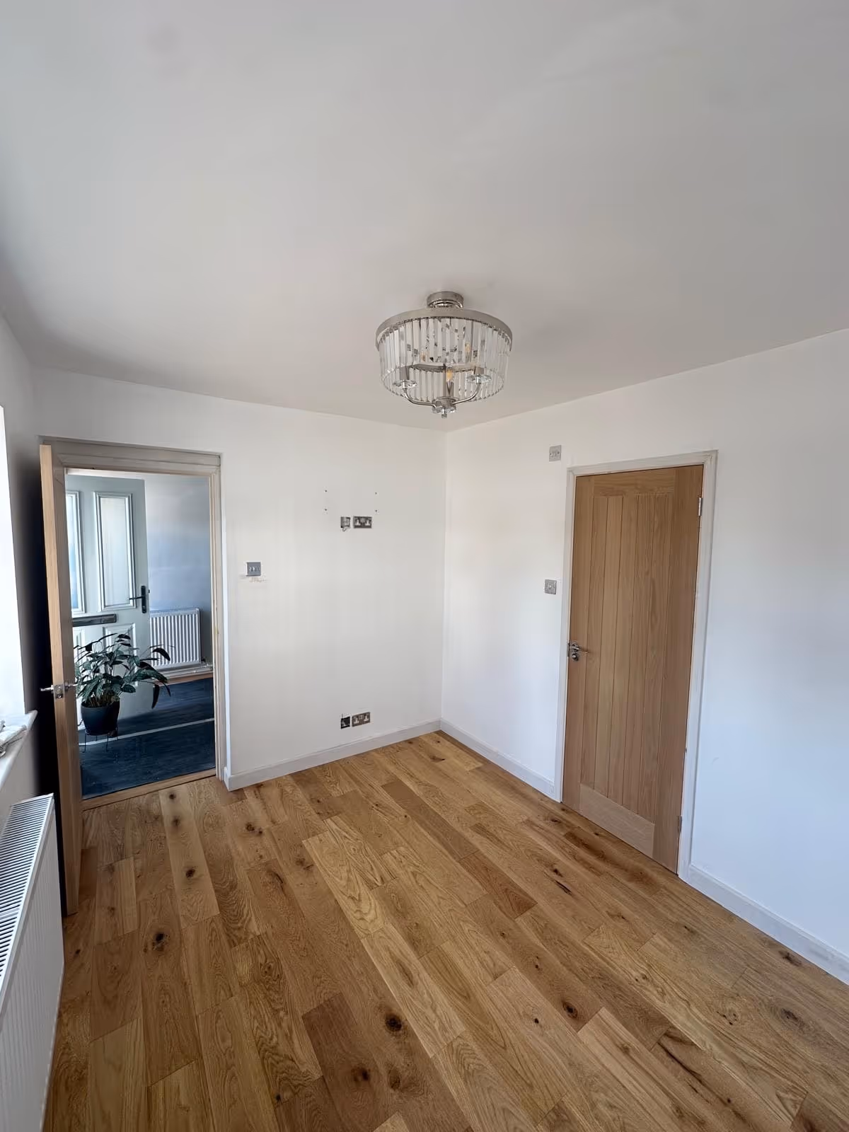 Empty room with wood flooring, white walls, a ceiling light fixture, a wooden door, and an open door showing a plant in the adjoining room.
