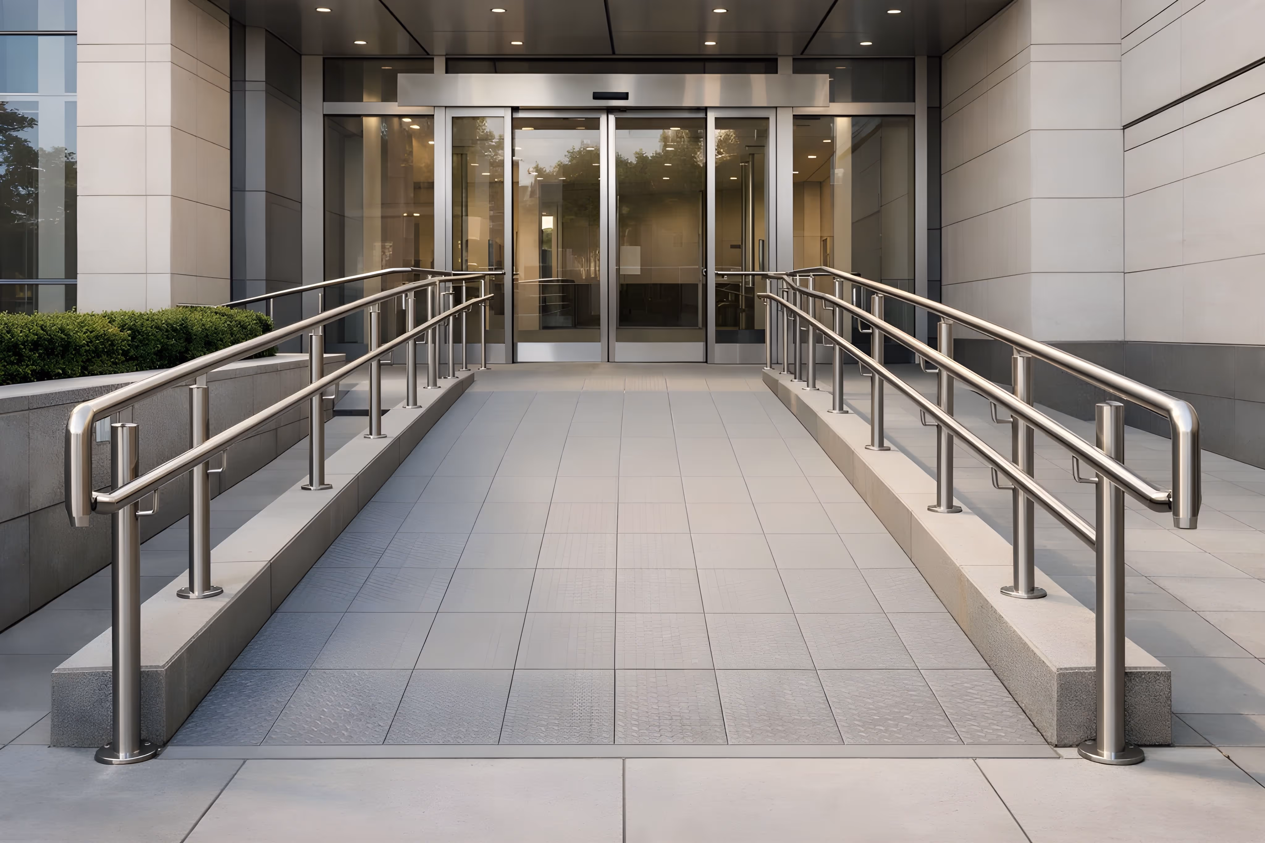 Wheelchair accessible ramp with stainless steel handrails leading to glass automatic doors of a modern building entrance.