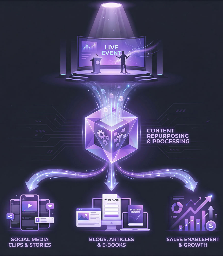 Vertical graphic illustrating a live stage event recording transforming through a digital prism into video assets for web and mobile.