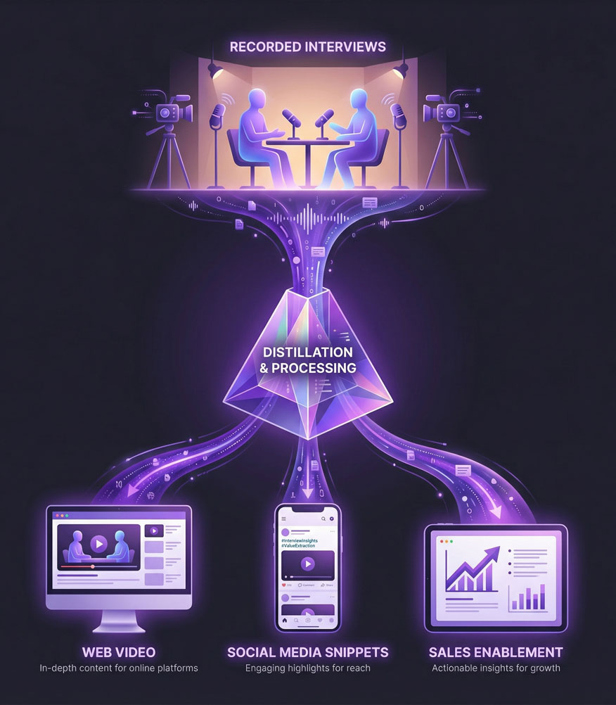 Illustration showing a filmed interview flowing through a processing prism to become social media clips and sales content.