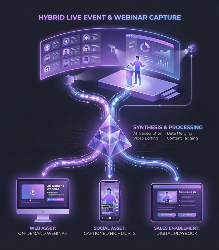 Illustration of a hybrid webinar event being synthesized into on-demand video clips and sales enablement assets.