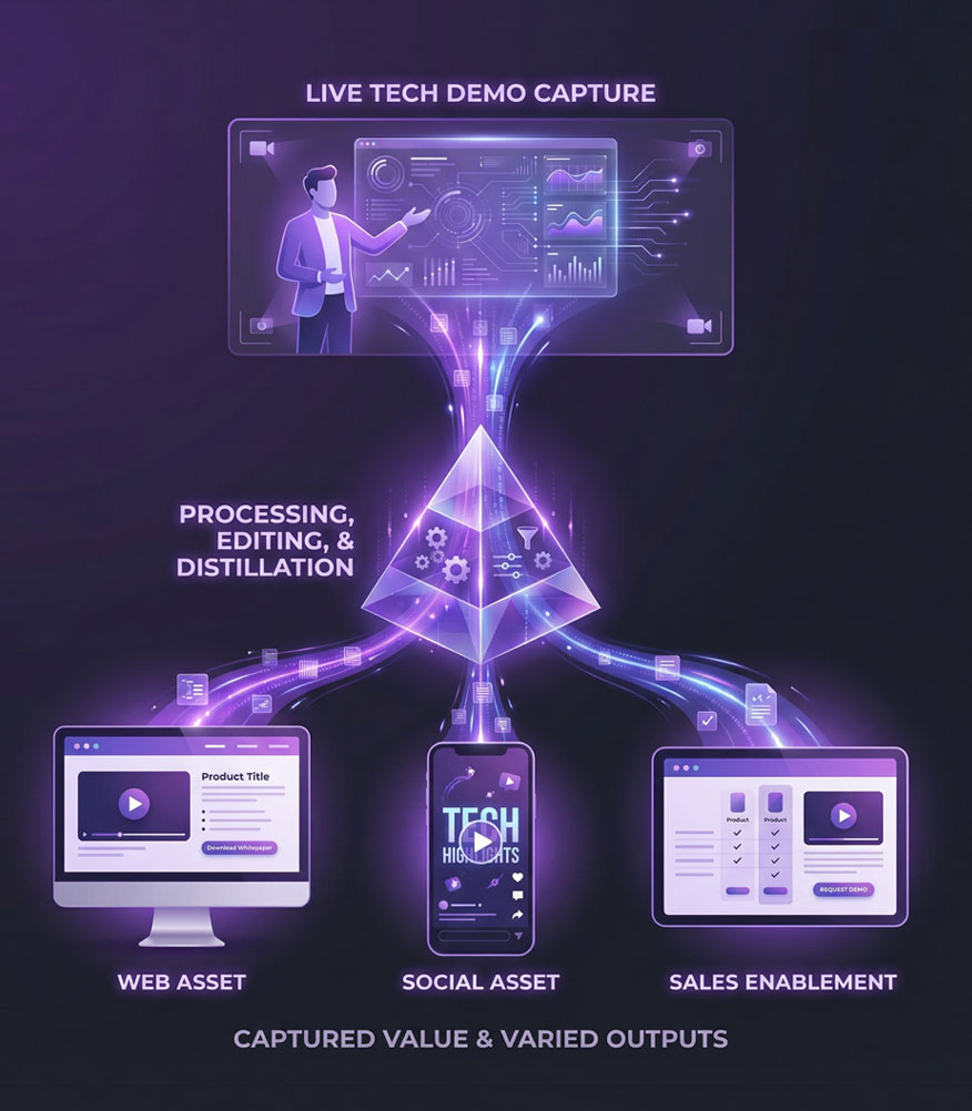 Graphic depicting a live technology demo capture being processed into multiple marketing and sales video formats.