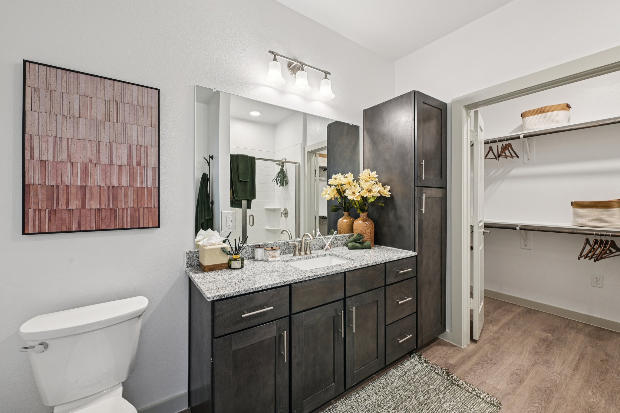 bathroom with closet and storage cabinets