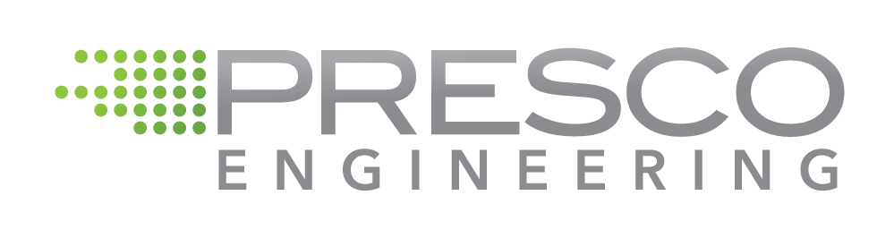 Presco Engineering logo with green and gray gradient stylized text.
