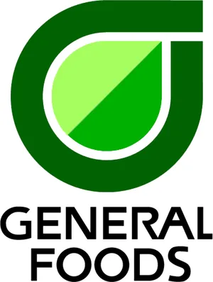 General Foods logo featuring a stylized green leaf shape above the company name in black text.