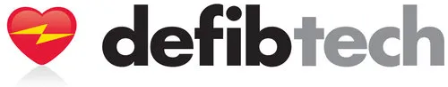 Defibtech logo with a red heart featuring a yellow lightning bolt next to the word 'defibtech' in black and gray text.