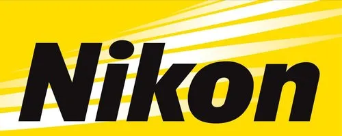 Nikon logo with bold black text on a yellow background featuring diagonal white stripes.