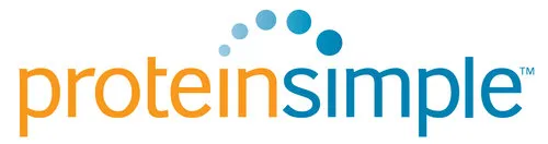 Proteinsimple logo with 'protein' in orange and 'simple' in blue accompanied by a semi-circle of blue dots above.