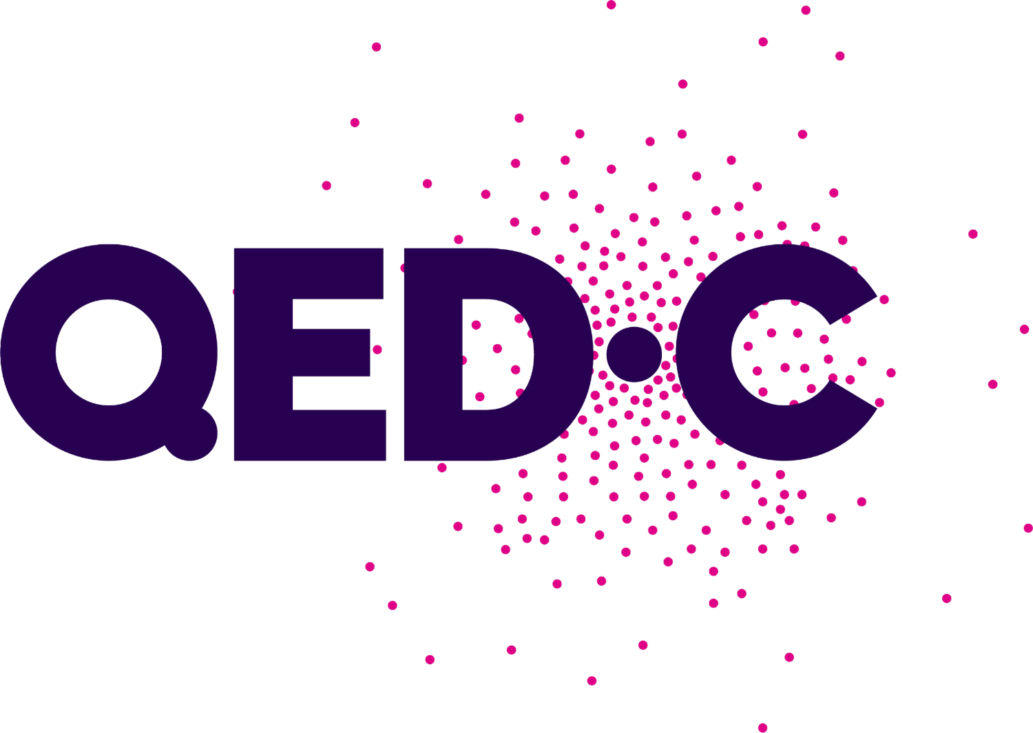 Logo with bold dark purple letters 'QED·C' and a circular pattern of small magenta dots radiating outward behind the letters D and C.