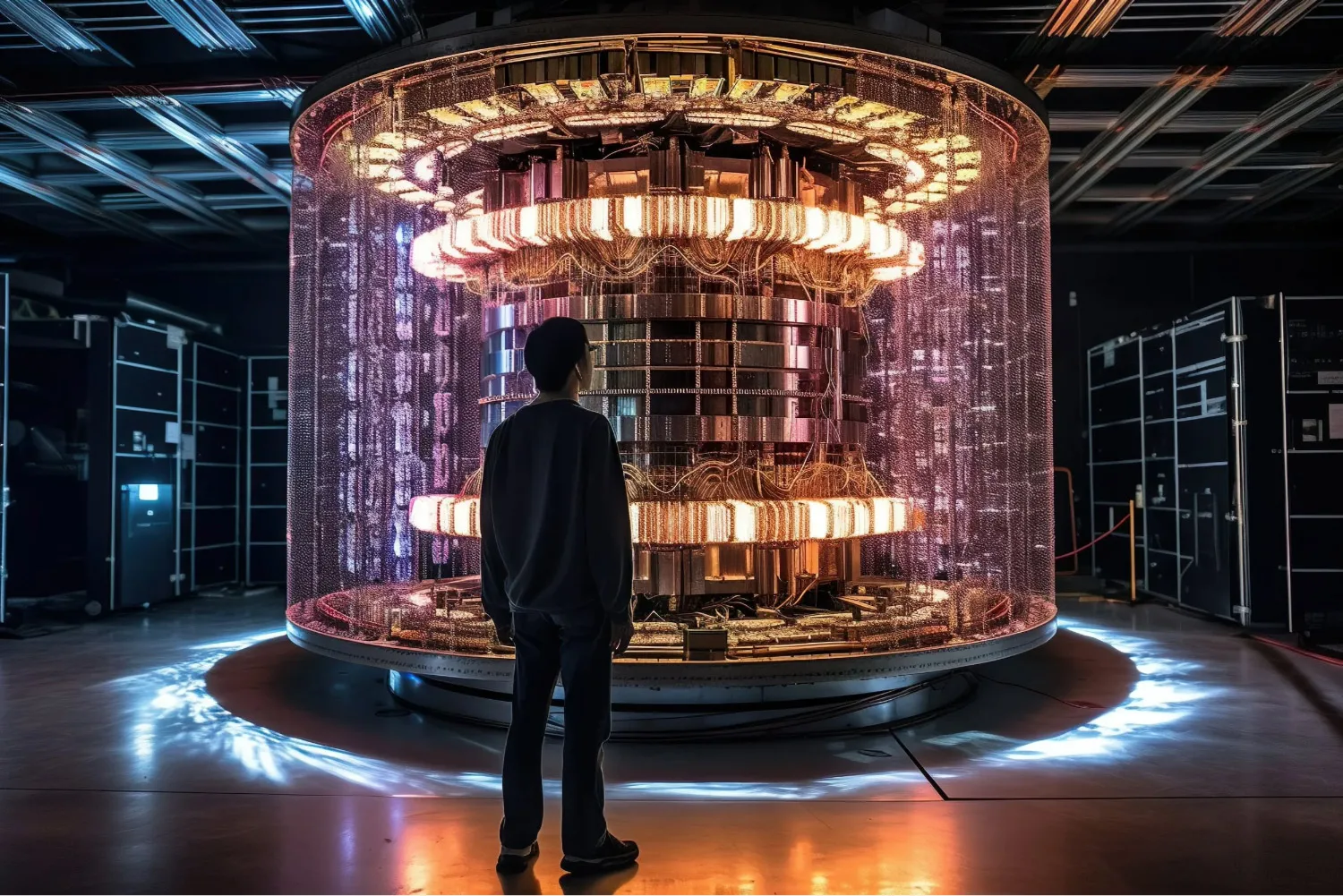 Person standing in front of a large, illuminated cylindrical quantum computer inside a dark lab.