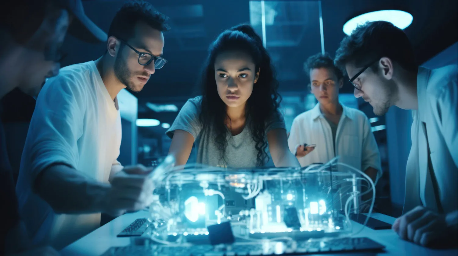 Group of young engineers studying a futuristic transparent electronic device glowing with blue light.