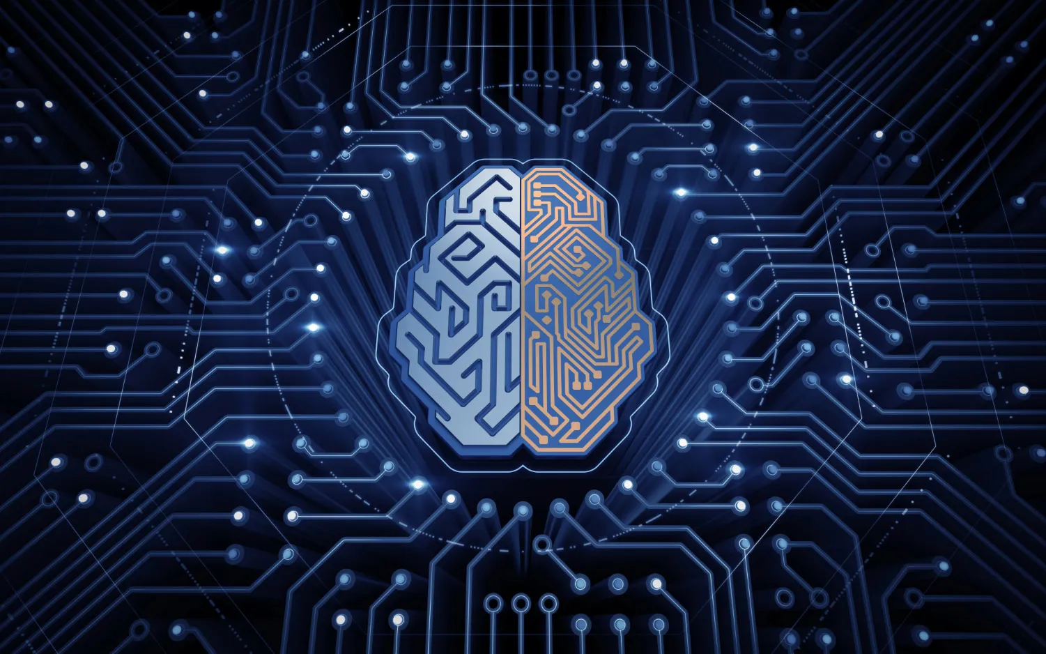 Digital illustration of a brain shaped circuit board with blue and orange halves on a dark blue electronic circuit background.